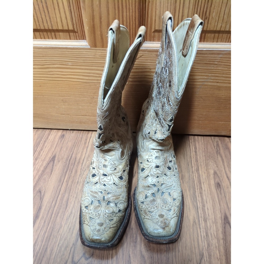 Corral Vintage Antique-ish Saddle Brushed Laser Brown Tan boots Women's Sz 8 M - Picture 3 of 15